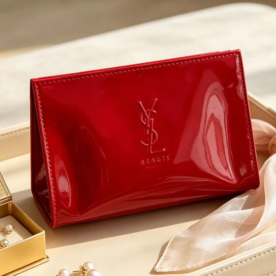 YSL Rote Lackleder-Kosmetiktas – Luxury Skincare Logo Bewertung und Preis